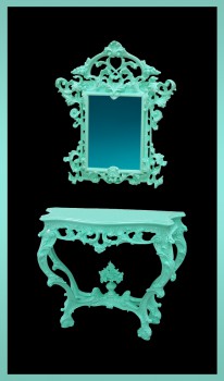巴洛克式的镜子和控制台绘蒂芙尼蓝色为Dolce＆Gabbana的展厅